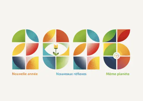 Carte de voeux 2026 Savoie d&eacute;chets cr&eacute;er &agrave; partir de gabarits de forme cr&eacute;ant les chiffres 2026 au couleurs de Savoie d&eacute;chets en l&eacute;gende : Nouvelle ann&eacute;e, nouveaux r&eacute;flexes, m&ecirc;me plan&egrave;te