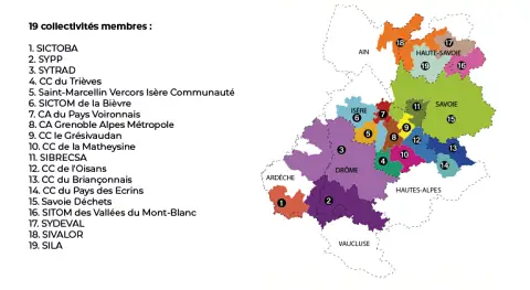 carte de la r&eacute;gion de la Savoie avec ses 19 collectivit&eacute;s membres : Sictoba, SYPP, SYTRAD, CC du Tri&egrave;ves, Saint Marcellin Vercors Is&egrave;re Communaut&eacute;, Sictom de la Bi&egrave;vre, CA du Pays Voironnais, CA Grenoble Alpes M&eacute;tropole, CC le gr&eacute;sivaudan, CC de la Matheysine, SIBRECSA, CC de l'Oisans, CC du Brian&ccedil;onnais, CC du Pays des Ecrins, Savoie D&eacute;chets, SITOM des vall&eacute;es du Mont Blanc, SYDEVAL, SIVALOR, SILA