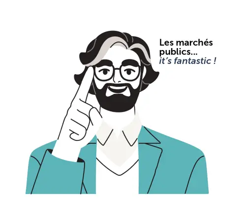 illustration d'un homme avec un pull blanc et une veste bleu disant Les march&eacute;s publics... It's fantastic !